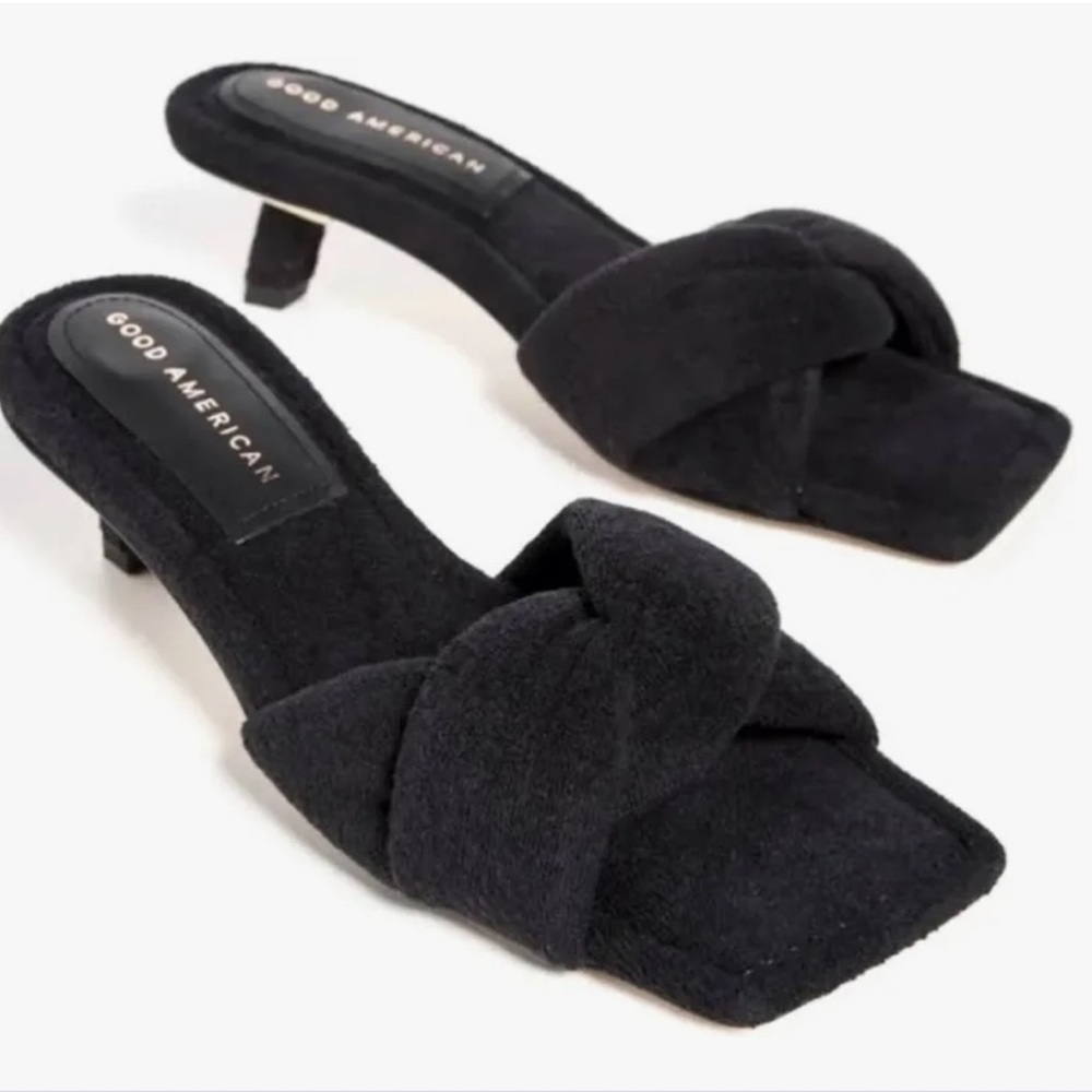 GOOD AMERICAN Women’s Terry Kickstand Low Heel Slide Sandals in Black NEW Size 7